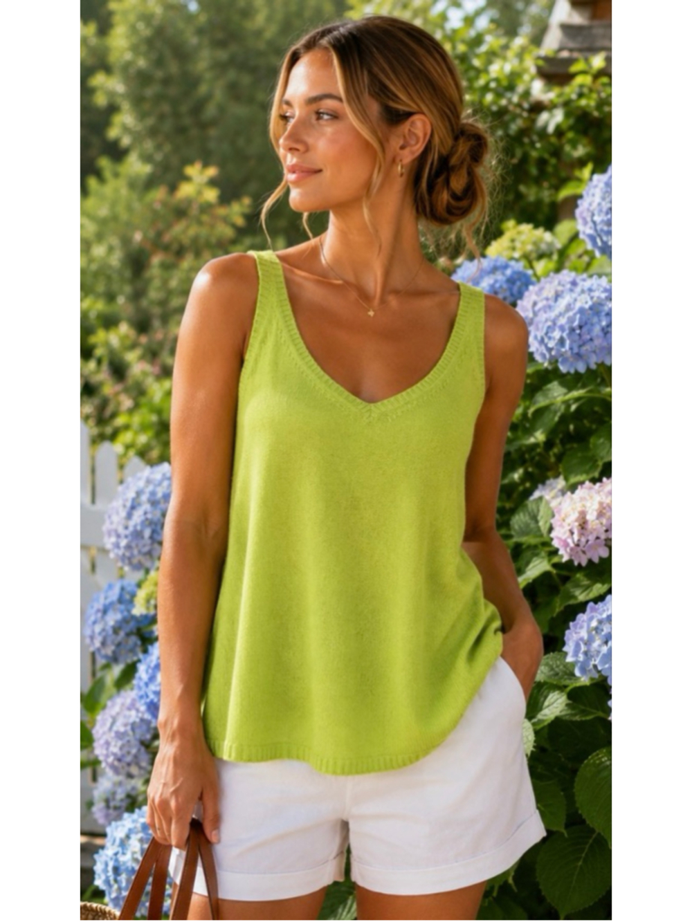 Women's WHITE + WARREN Lime Green Cashmere V-Neck Tank Top L